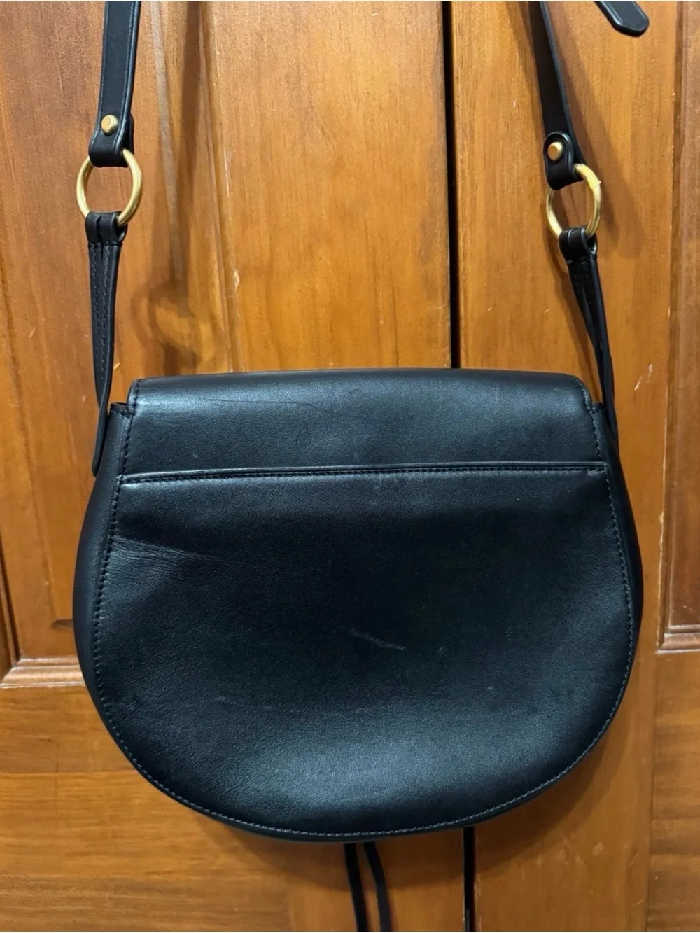 Tory Burch Black Leather Saddle Crossbody with Gold Logo Medallion